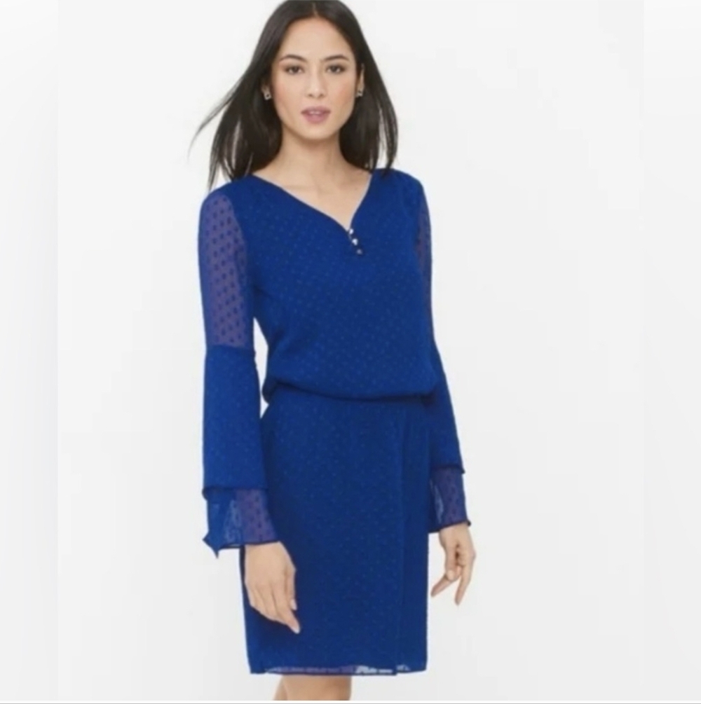 White House Black Market Womens Dress Blue Swiss Dot Smock Waist Blouson Size 8